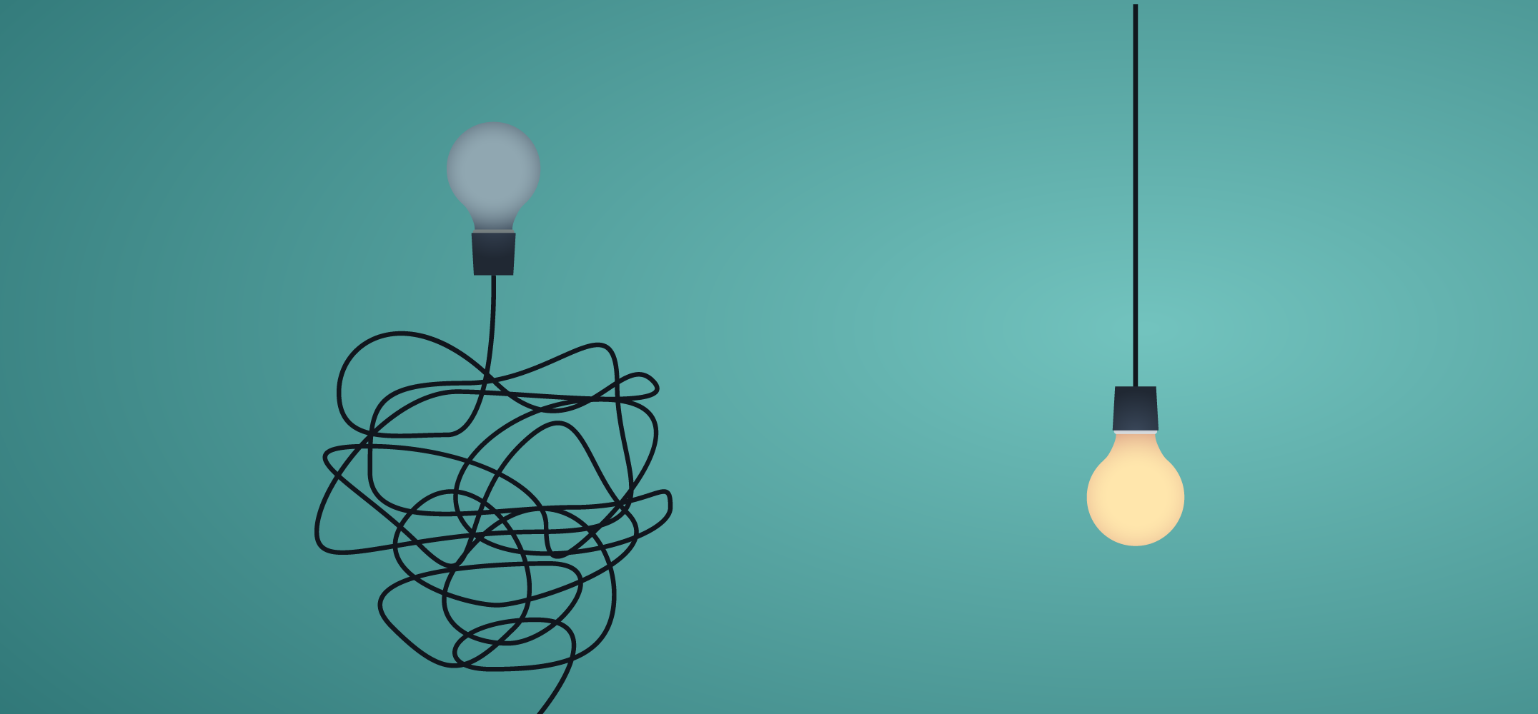 Light bulb with straight cord and lightbulb with tangled cord